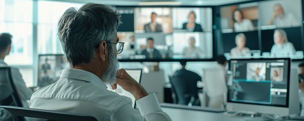 A group of educators attending a virtual meeting, with each teacher appearing on a different screen, discussing strategies for remote learning, in a modern office setting