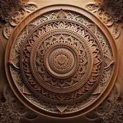 wooden carving features intricate patterns and designs, centered around circular mandala with multiple layers of geometric and floral motif. woodworking or craftsmanship, interior design concept.