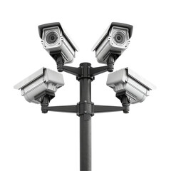 CCTV Cameras on Isolated Poles in a Tech Setting White Isolated on Transparent or White Background, PNG