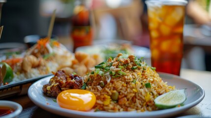 Delicious fried rice plated with fresh vegetables and drink