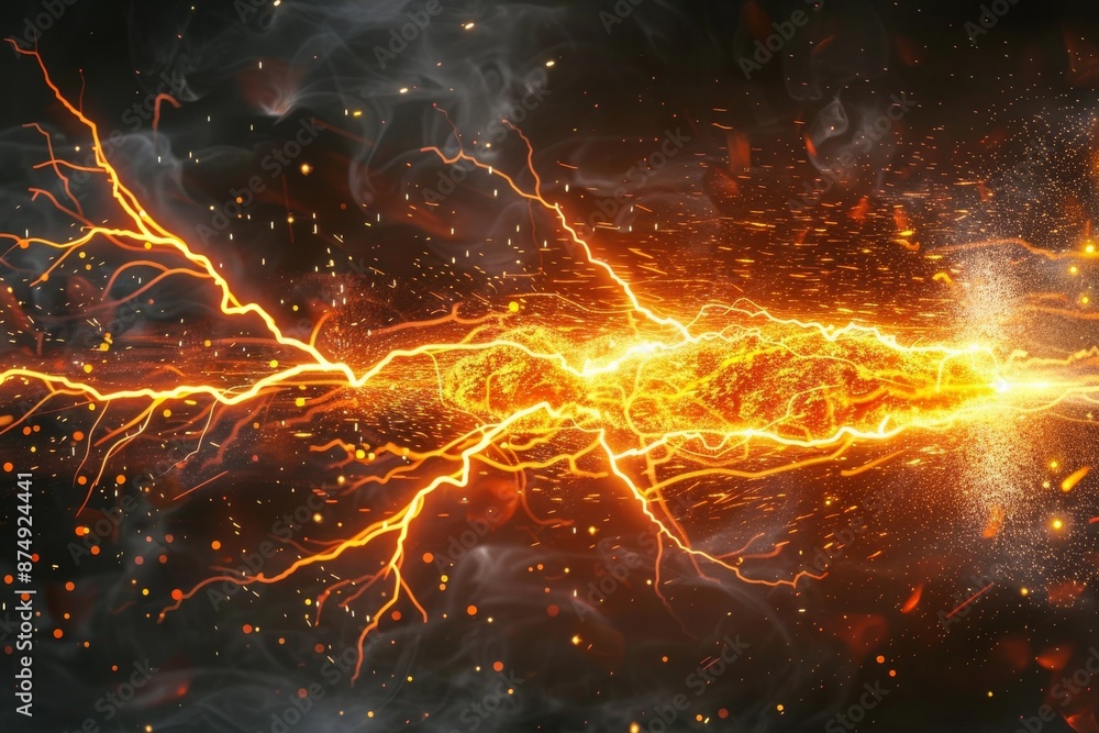 Aufkleber electrifying burst of energy with orange lightning bolts on dark background in abstract digital art 