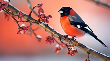 A vibrant red and black bullfinch perched on an icy branch