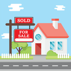Real estate banner with house icon in flat style. Sale label vector illustration on isolated background. Sold sign business concept.
