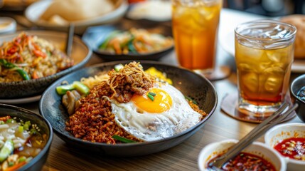 Delicious meal with egg and iced tea on a table