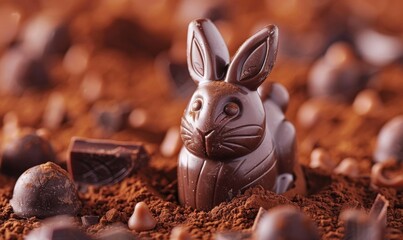 close-up of Easter chocolate bunny surrounded by dark and milk chocolate, with dirt and scattered chocolates in the background, in the style of copy space for text, studio photography