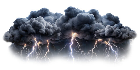 Black storm clouds with lightnings and smoke isolated on transparent background
