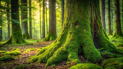 Obraz premium Green moss covering a tree trunk in a lush forest setting, nature, texture, organic, growth, foliage, plant
