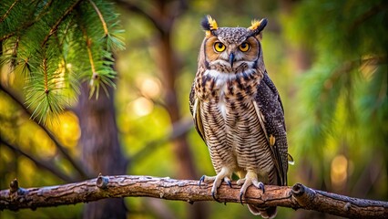 Obraz premium Great horned owl perched on a tree branch, wildlife, predator, bird of prey, feathered, avian, nature
