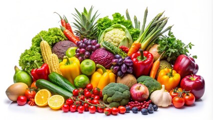 Vibrant assortment of fresh organic fruits and vegetables isolated on crisp white background, perfect for product showcase and promotional materials.