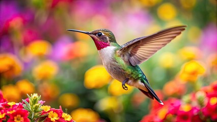Fototapeta premium Hummingbird gracefully flits among colorful flowers , hummingbird, graceful, flitting, colorful, flowers, nature, wildlife, beauty