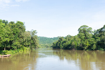 Fototapeta premium Serene River in Forest Landscape with Reflections and Blue Sky