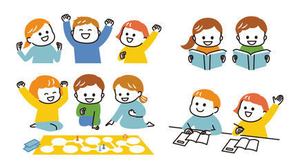 colorful illustration of kids in class and activities