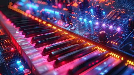 A vibrant synthesizer keyboard illuminated with colorful LED lights, highlighting its futuristic and electronic design.
