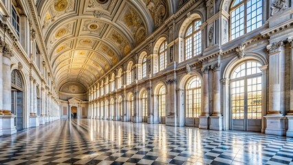 Obraz premium Luxurious marble gallery with windows in Reggia di Venaria Reale, Italy, Reggia di Venaria Reale, corridor, perspective