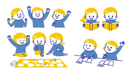 colorful illustration of kids in class and activities
