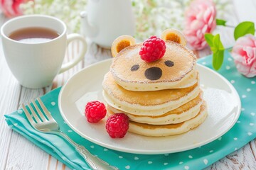 Pancakes stacked to resemble a bear's face, Adorable food, Fun breakfast for kids
