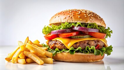 Juicy burger and crispy fries on a white background, burger, fries, fast food, food photography, American cuisine, tasty