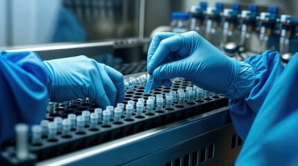 Hands of a lab technician with a tube of blood sample and a rack with other samples. Lab technician holding blood tube sample for study