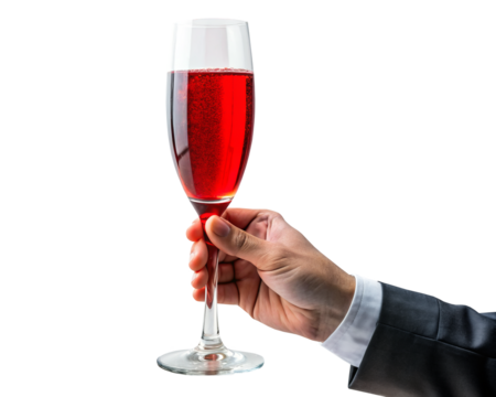 Hand holding red champagne wine glass goblet. A businessman in a suit holds a glass of alcohol isolated on transparent background