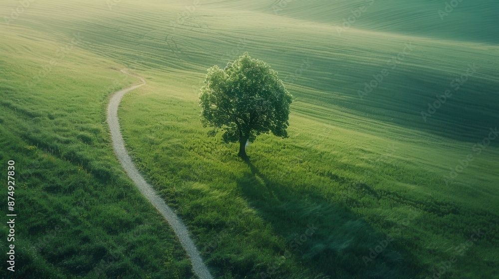 Wall mural green tree on a green meadow