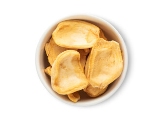 Ceramic bowl with dried breadfruit pieces isolated on white background.Top view.