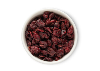 Ceramic bowl with sweet dried cranberries isolated on white background.Top view.