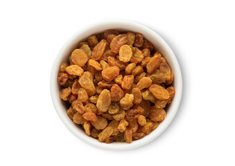 Ceramic bowl with sweet small yellow raisins made from green grapes isolated on white background.Top view.