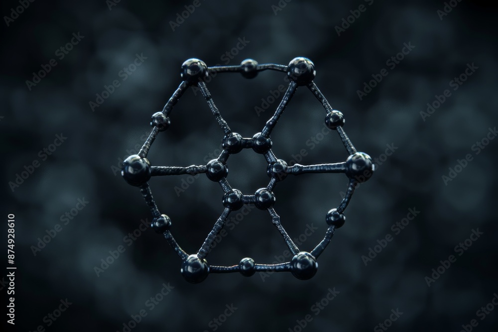 Poster minimalist molecular structure with interconnected nodes in a dark background symbolizing advanced m