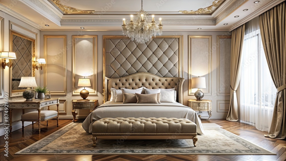 Sticker Luxurious bedroom with elegant bed , luxury, bedroom, bedroom interior, elegant, comfortable, stylish, cozy