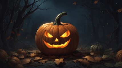 jack-o-lantern in the woods, halloween pumpkin on a dark background
