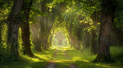 Obraz premium Tranquil Forest Trail: Serene Pathway Among Sunlit Trees