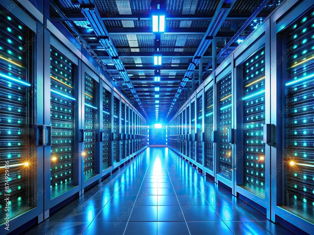 Poster futuristic technological facility with rows of humming computer servers, lit only by soft blue glow,