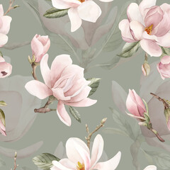 Light pink magnolia branches with flowers. Watercolor floral seamless pattern on sage green background for flower fabric