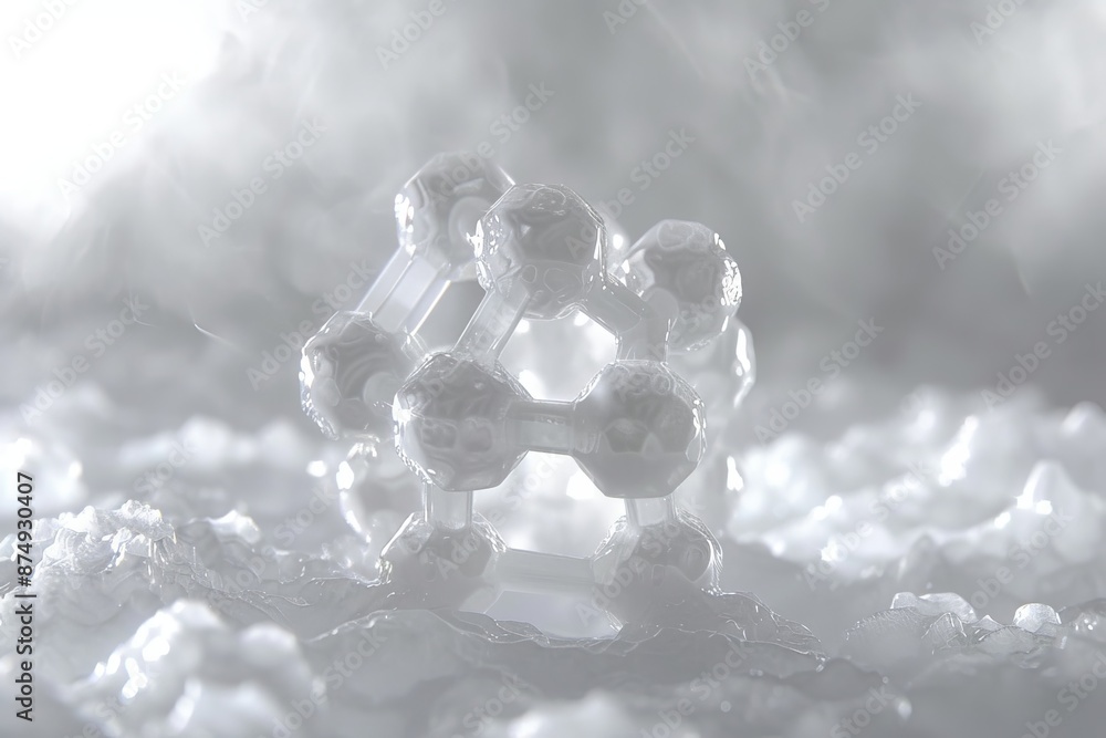 Poster white molecular model with a cloudy background creating a detailed and scientific design.