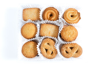 Danish butter cookies, butter cookies in box isolated on white background