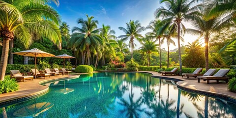 Luxurious tropical resort pool surrounded by lush greenery and palm trees , vacation, relaxation, exotic, paradise, leisure