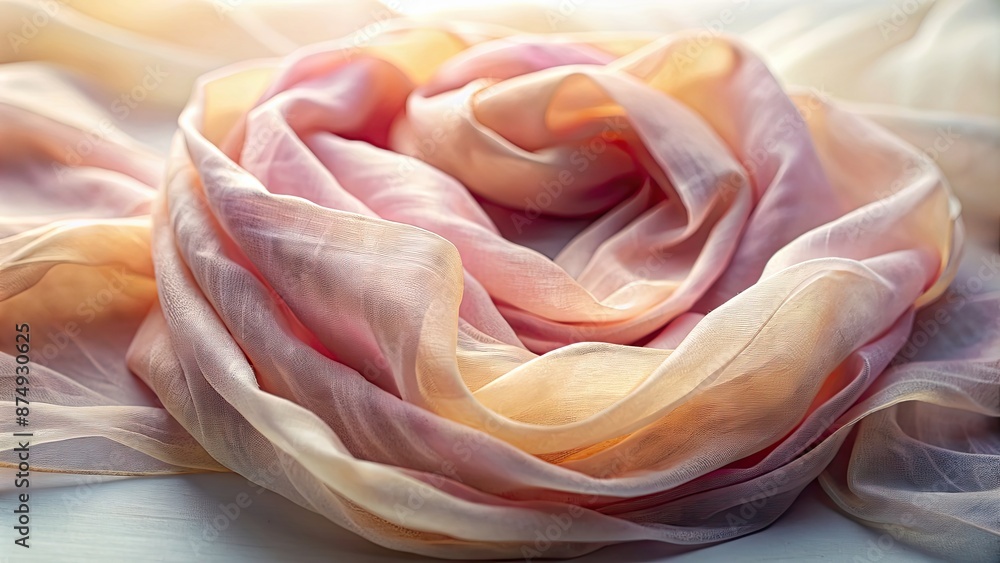 Poster Macro shot of delicate chiffon scarf with light passing through, highlighting fine weave and gentle flow , Chiffon, Scarf, Delicate