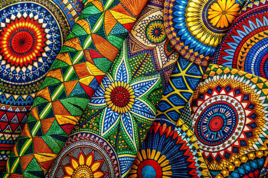 Vibrant geometric patterns burst with colorful energy on traditional African wax print fabrics, celebrating the rich cultural heritage and artistic expression of the continent's textile traditions.