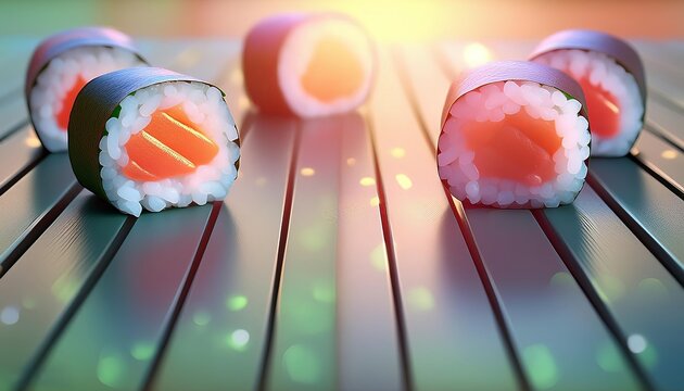 some nigiri and sushi roll on wooden table with blur background and copy space