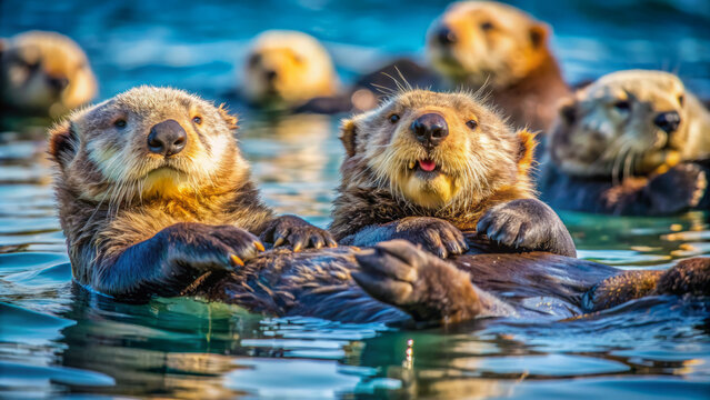Adorable sea otters float on their backs in a serene bay, their soft fur glistening as they playfully chase each other, their happy squeaks filling the air.