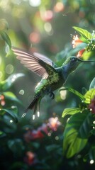Obraz premium A hummingbird hovers in mid-air, its long, thin beak probing a flower for nectar
