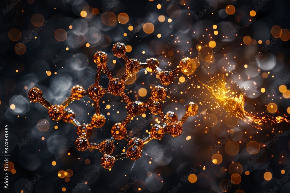 Poster glowing molecular structure with golden particles creating a vibrant and futuristic scientific desig