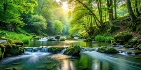 Serene nature landscape with lush greenery and flowing water , nature, landscape, background, serene, lush
