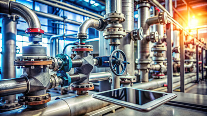 Fototapeta premium Close-up of a rugged industrial setting featuring complex machinery, pipes, and valves, with a tablet lying on a metal surface amidst the factory equipment.
