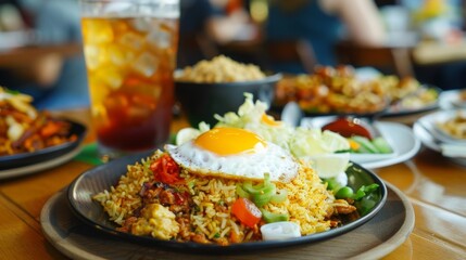 Delicious fried rice with egg and iced tea on table