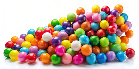 Obraz premium Vibrant gumballs in assorted bright colors cascade downwards, scattered across a pristine white background, creating a playful and mouthwatering visual treat of sweet treats.