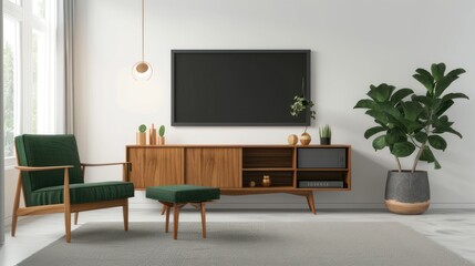 3D rendering of a mockup black screen TV on the wall in a green pastel colored interior design.