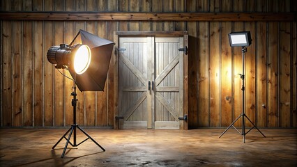 Glowing studio strobe light with barn doors isolated, photography, studio, lighting equipment, professional