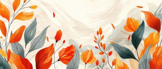 Organic lines and textures, autumn hues, abstract floral background, white base, detailed illustration,
