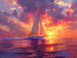 Fototapeta premium A serene sailboat cruises through vibrant sunset waters, casting a silhouette against a dramatic, colorful sky reflecting on the calm ocean.